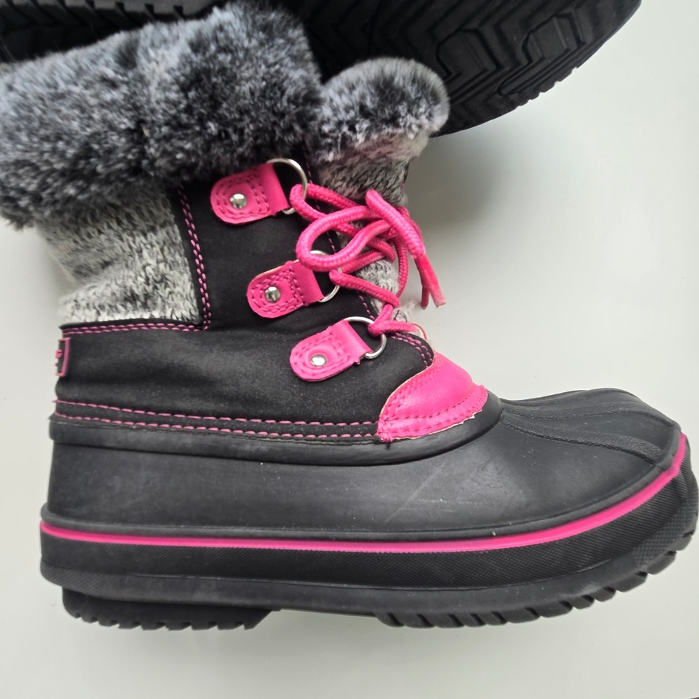 London Fog Tottenham Girls Size 3 Winter Snow Duck Boots Black Pink Faux Fur